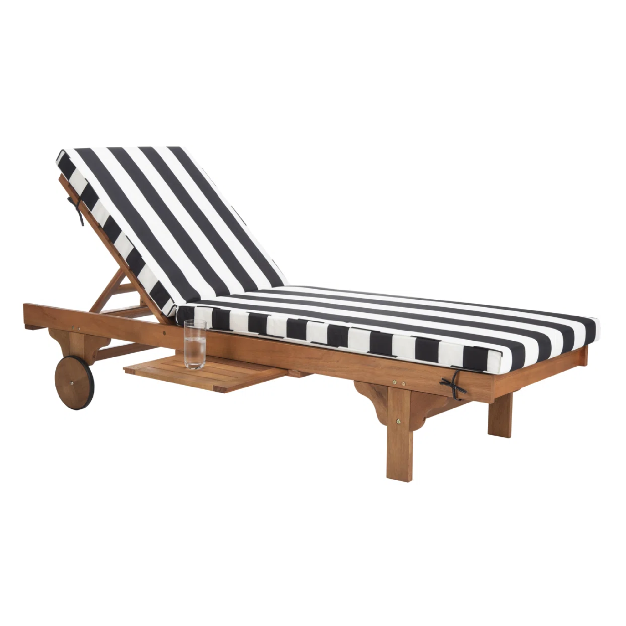 a chaise lounge with black and white striped cushion