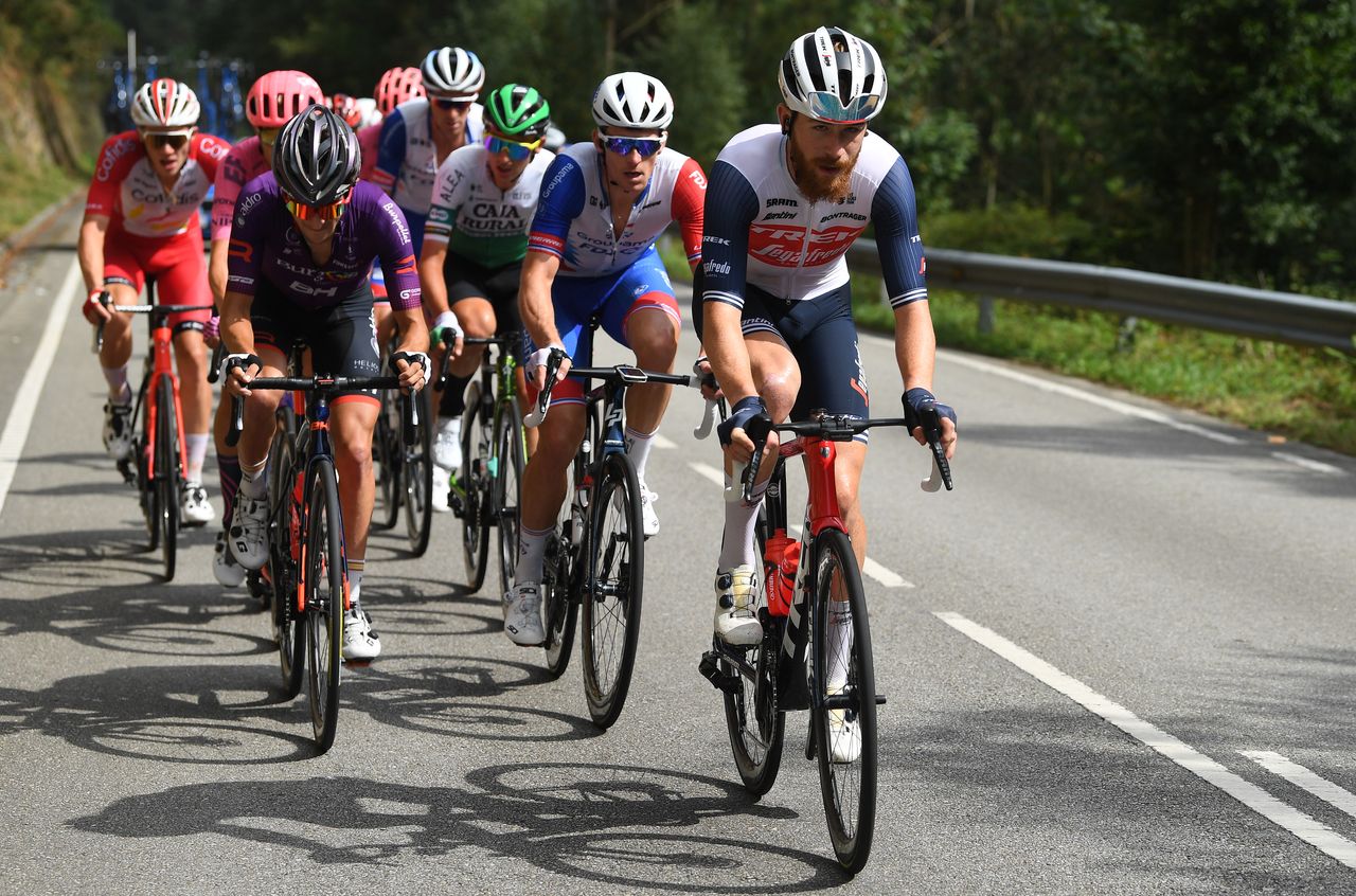 MONFORTE DE LEMOS SPAIN SEPTEMBER 03 LR Pelayo Sanchez Mayo of Spain and Team Burgos BH Arnaud Demare of France and Team Groupama FDJ and Quinn Simmons of United States and Team Trek Segafredo compete in the breakaway during the 76th Tour of Spain 2021 Stage 19 a 1912 km stage from Tapia to Monforte de Lemos lavuelta LaVuelta21 on September 03 2021 in Monforte de Lemos Spain Photo by Tim de WaeleGetty Images