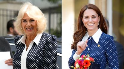 Composite of a picture of Queen Camilla wearing polka dots in Italy and Kate Middleton wearing polka dots in Bletchley 