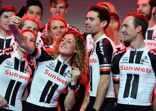 Tom Dumoulin poses for a selfie with his 2018 Team Sunweb teammates