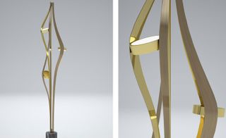 A brass and marble floor lamp.