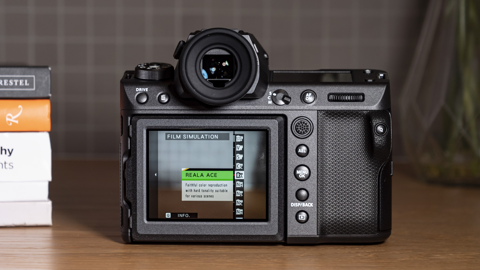 Fujifilm GFX100 II rear screen displaying Reala Ace film simulation