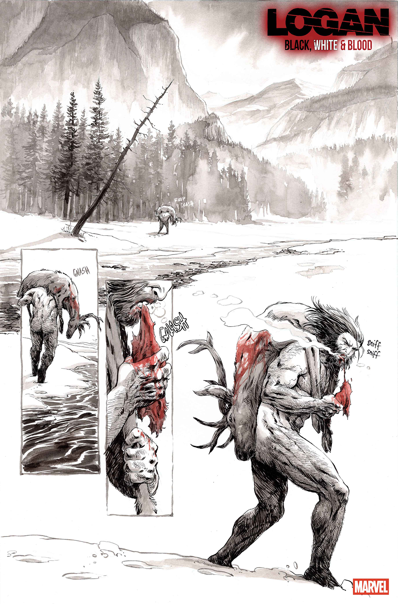 Wolverine trudging through the wilderness in the nude with an elk slung over his shoulder