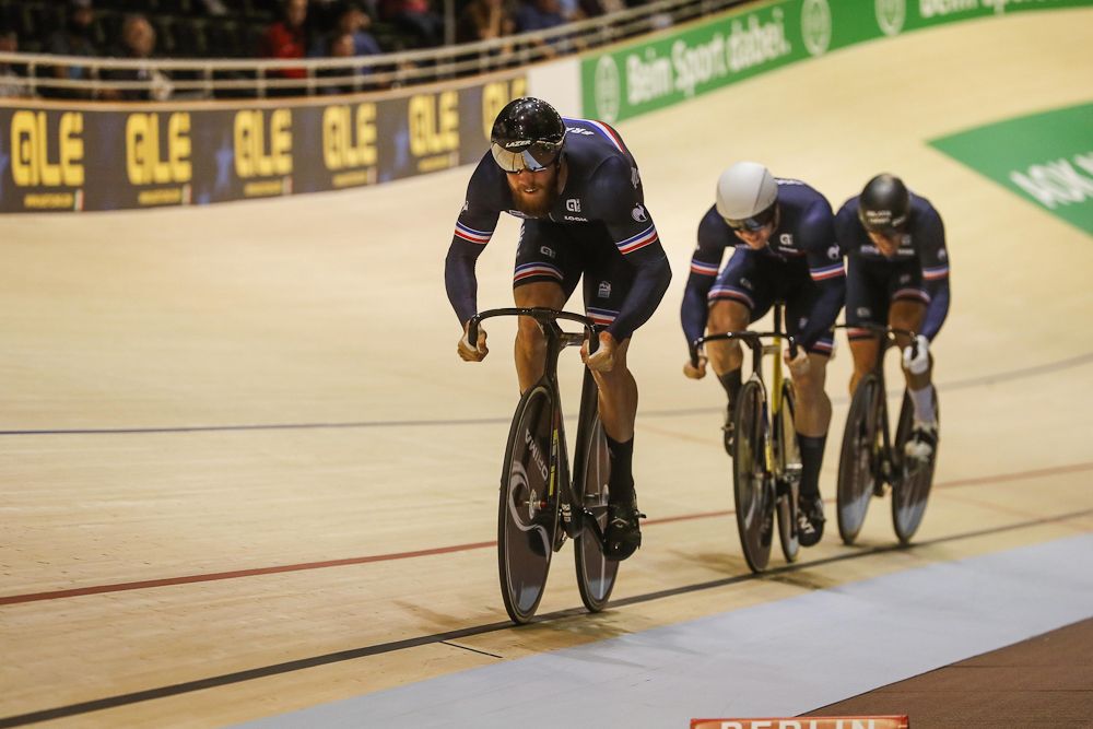 The winning French men's team sprint squad: Benjamin Edelin, Sebastien Vigier and Quentin Lafargue