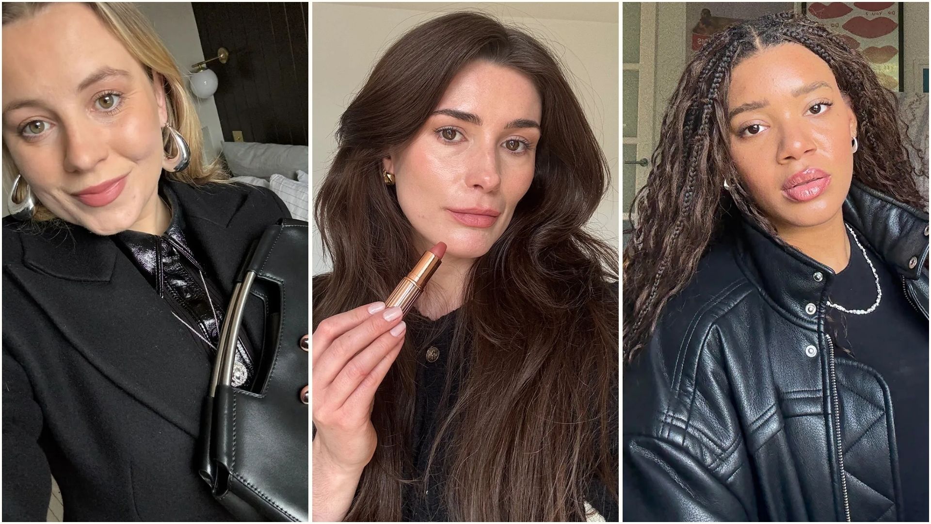 A collage of team Who What Wear UK all wearing one of the best lipsticks in this roundup