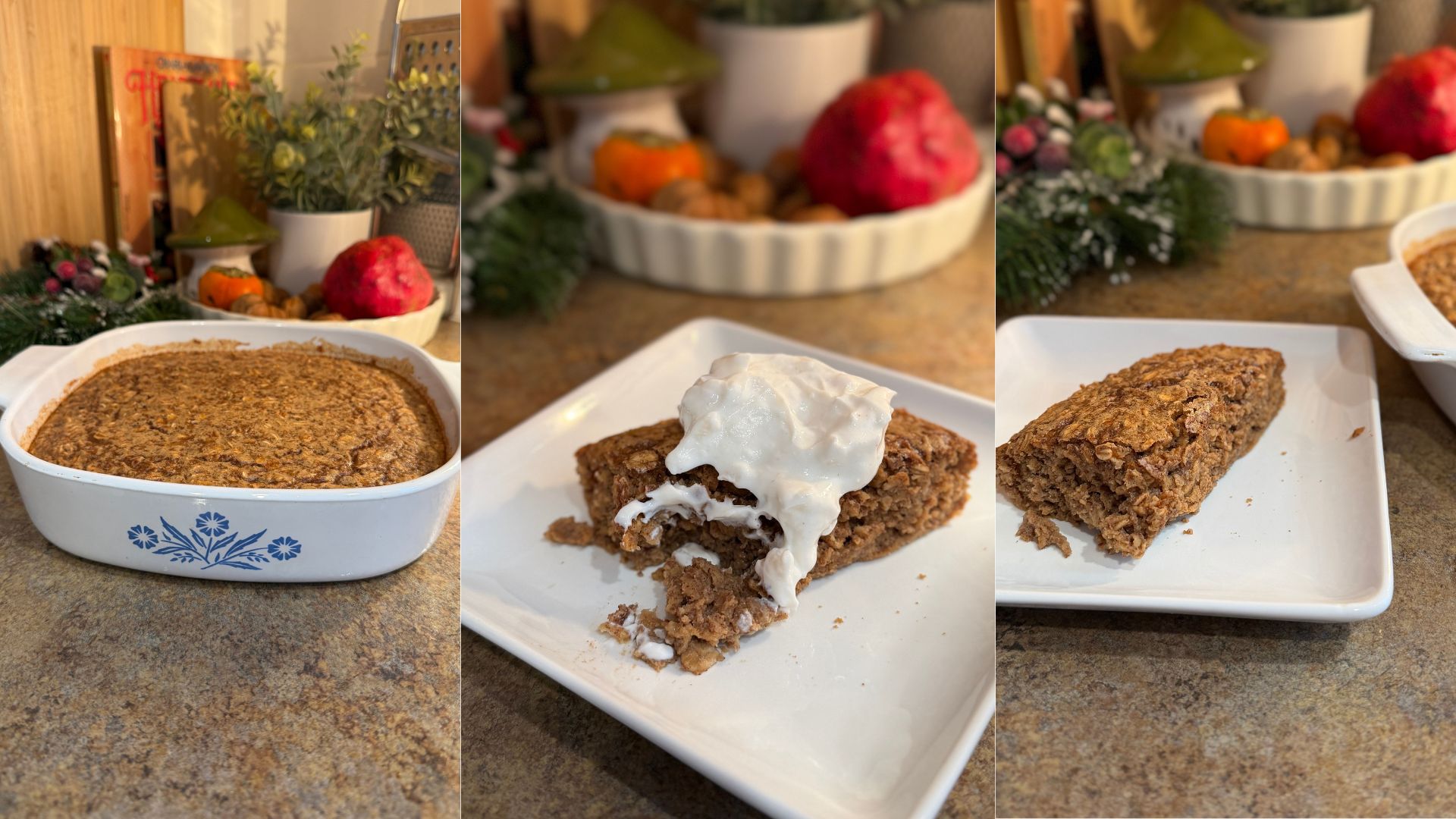 Three images side by side of gingerbread bake, one of the bake in a corningwear dish, one slice on a plate, and one slide on a plate topped with yoghurt