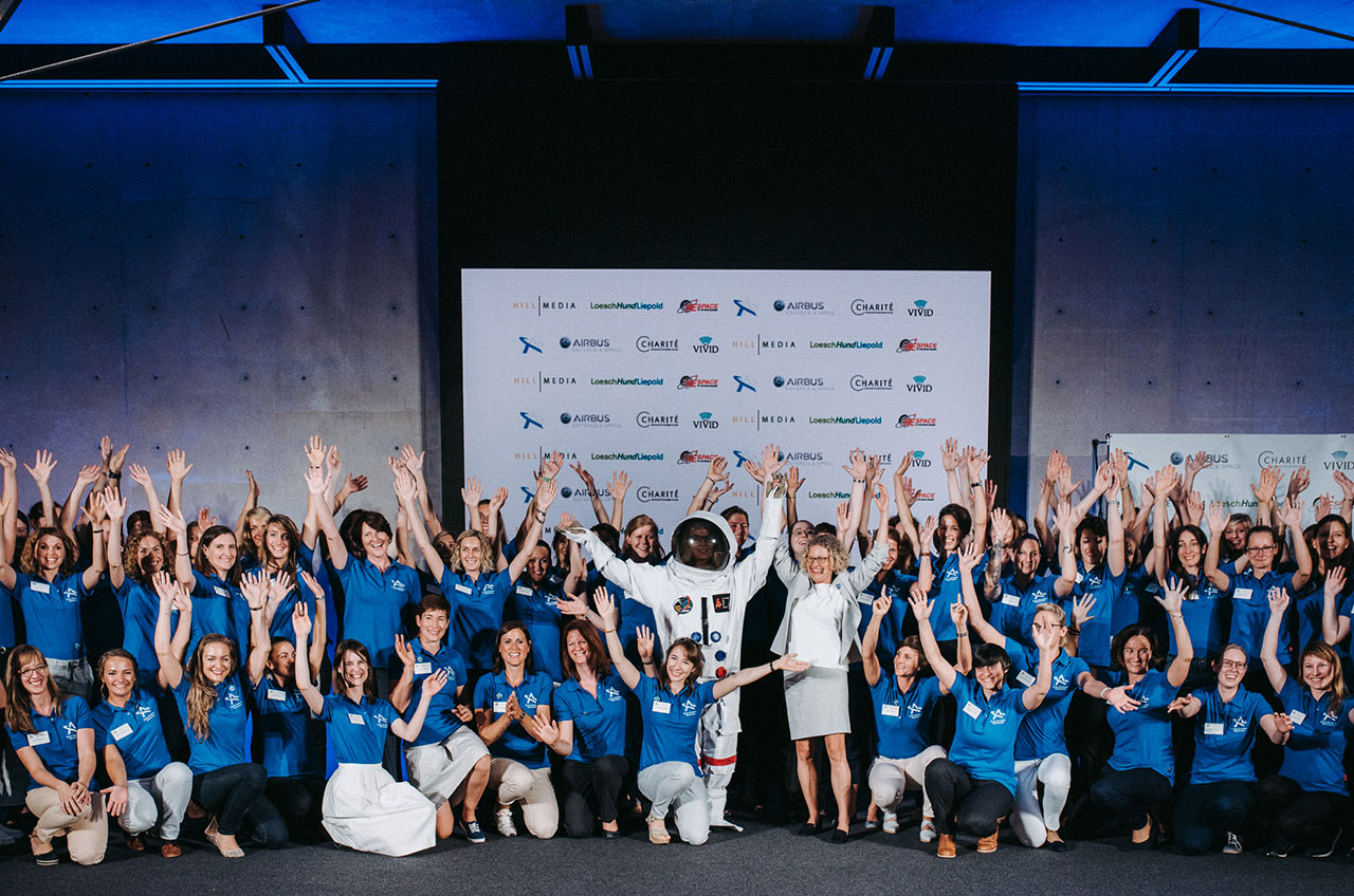 HE Space CEO Claudia Kessler, founder of &quot;Die Astronautin,&quot; joins some of the candidates in Berlin on Sept. 14, 2016. 