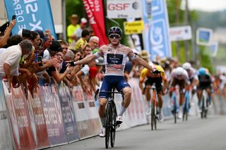 BRESSUIRE FRANCE AUGUST 23 Paul Penhoët of France and Team Groupama FDJ Beige Best Young Rider Jersey celebrates at finish line as stage winner during the 36th Tour Poitou Charentes en Nouvelle Aquitaine 2023 Stage 2 a 1873km stage from Aulnay de Saintonge to Bressuire on August 23 2023 in Bressuire France Photo by Dario BelingheriGetty Images