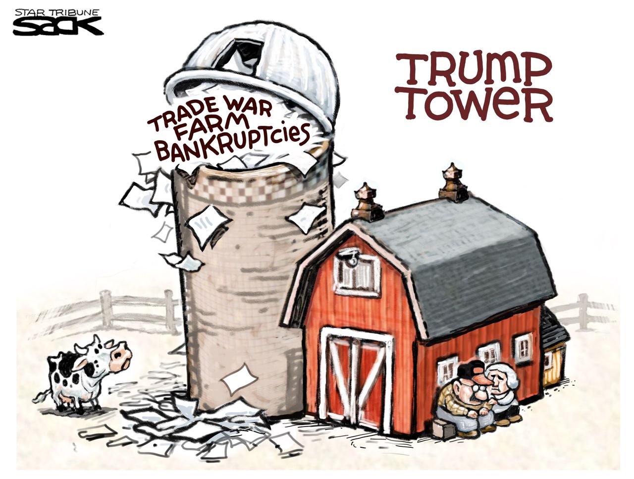 Political Cartoon U.S. Trump Tower Grain Silo Trade War Farm Bankruptcies