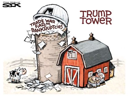 Political Cartoon U.S. Trump Tower Grain Silo Trade War Farm Bankruptcies
