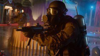 An official screenshot of a gas mask-wearing soldier from the Call of Duty: Black Ops 6 campaign.