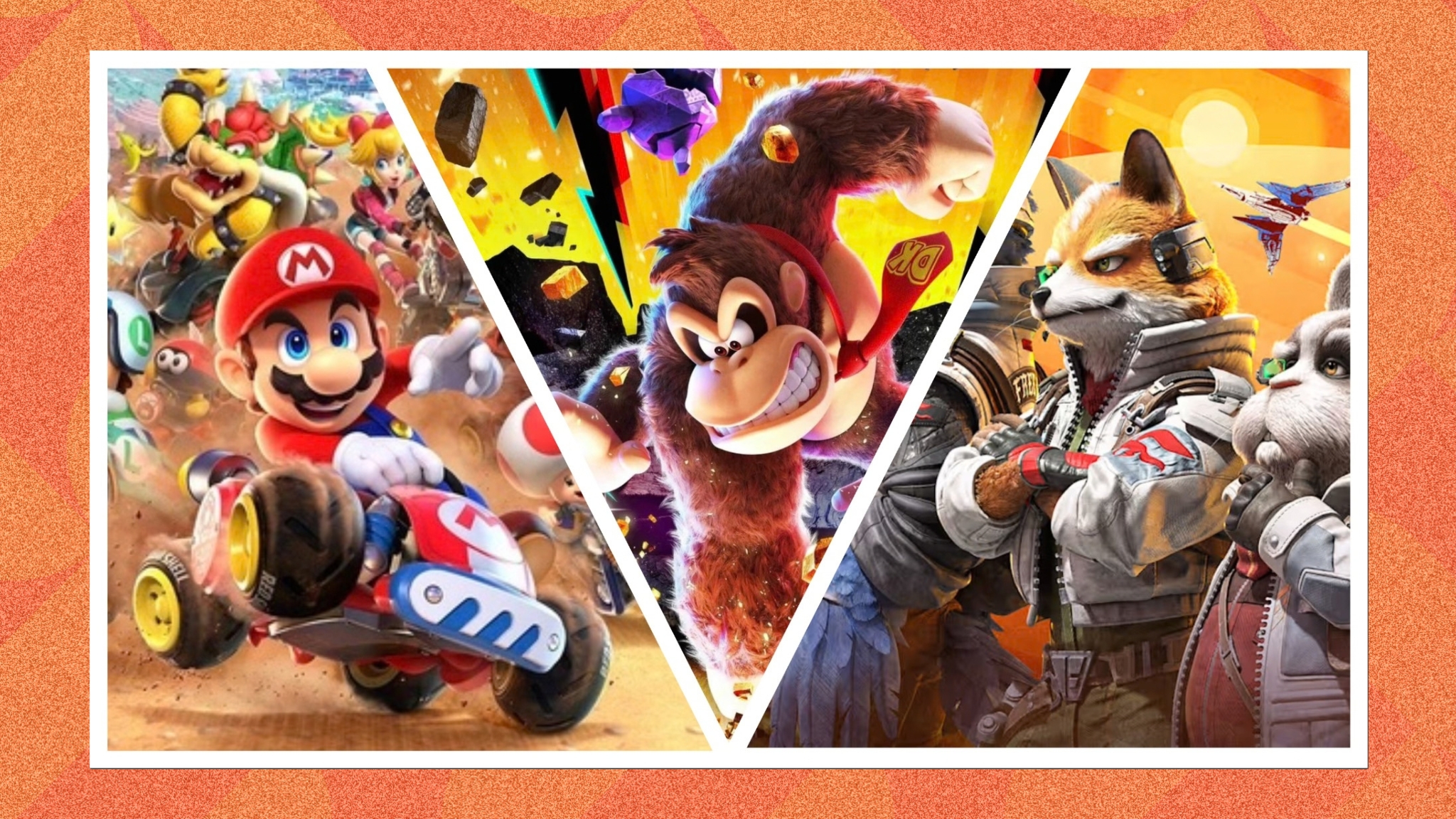 Images from the Nintendo Switch 2 games Star Fox. Mario Kart Wold, and Donkey Kong Bananza