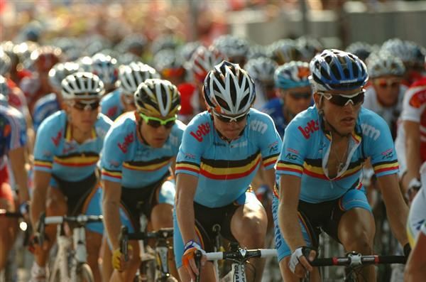 The Belgian team ride during the World Championship race.