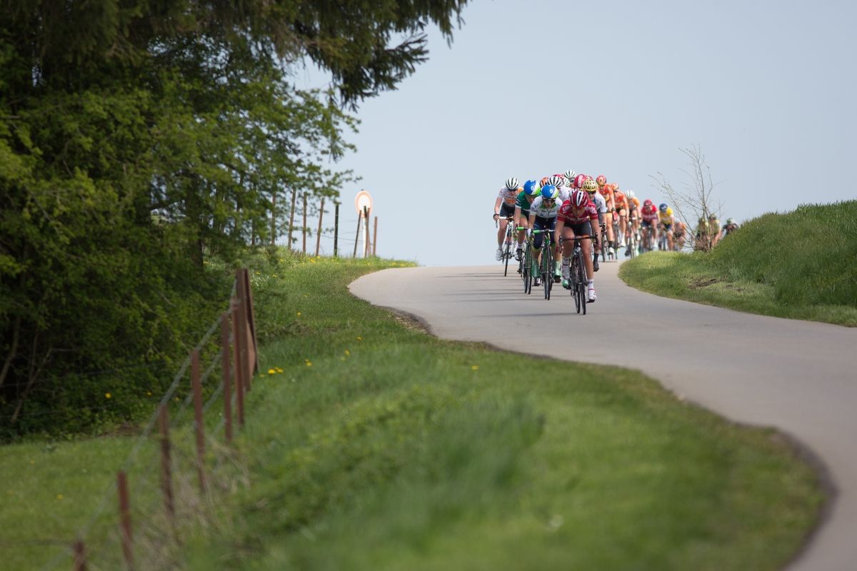Chantal Hoffmann (LUX) of Lotto Soudal Cycling Team leads the chase in the first short lap of the second, 110.1km road race stage of Elsy Jacobs