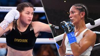 Katie Taylor (L) with one fist extended and one raised, and Amanda Serrano (R) in a defensive position