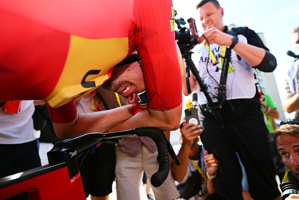 NEVERS, FRANCE - JULY 15: Stage winner Soren Waerenskjold of Norway and Team Uno-X Mobility reacts after the 113th Tour de France 2026, Stage 11 a 161.3km stage from Vichy to Nevers / #UCIWT / on July 15, 2026 in Nevers, France. (Photo by Tim de Waele/Getty Images)