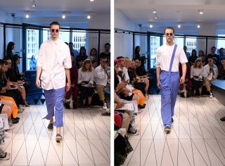 Chalayan uses a cool blue colour on trousers and bags