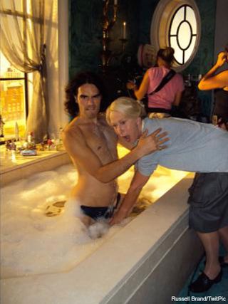 Helen Mirren gives Russell Brand a bath - Russell Brand, Twitter, Twitpic, picture, uploaded, Arthur, film, set, see, celebrity, news, Marie Claire