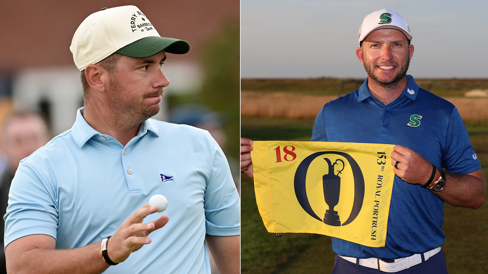 Lucas Herbert waves to the crowd and Dean Burmester holds an Open Championship flag