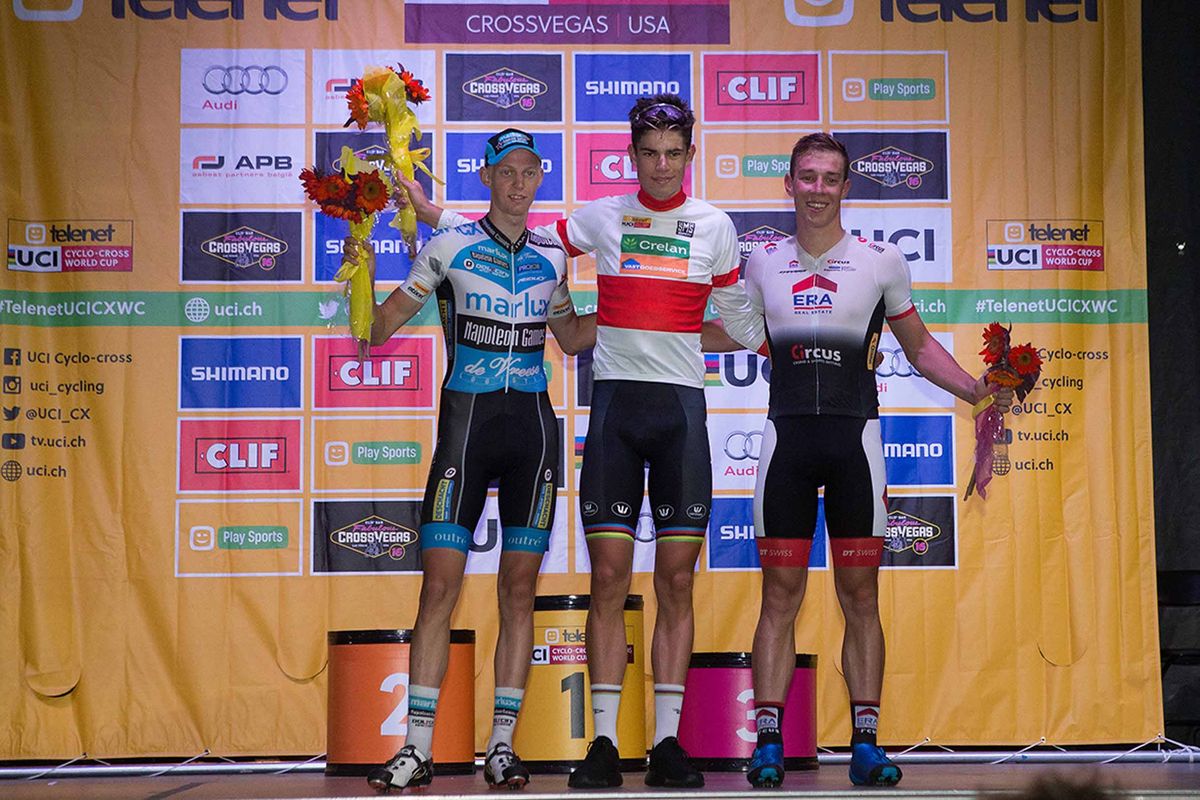 Wout Van Aert flanked by Michael Vanthourenhout and Laurens Sweeck on the 2016 CrossVegas podium.