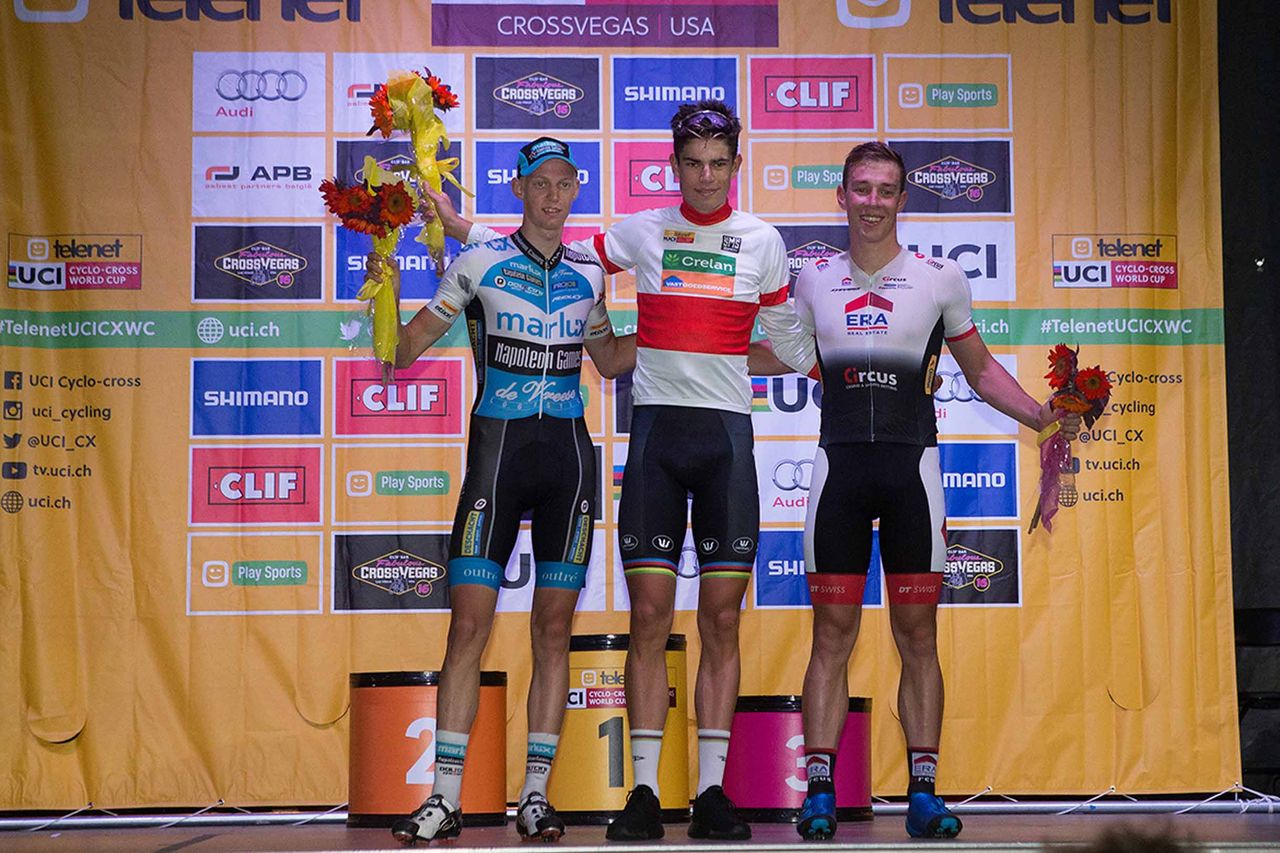 Wout Van Aert flanked by Michael Vanthourenhout and Laurens Sweeck on the 2016 CrossVegas podium.