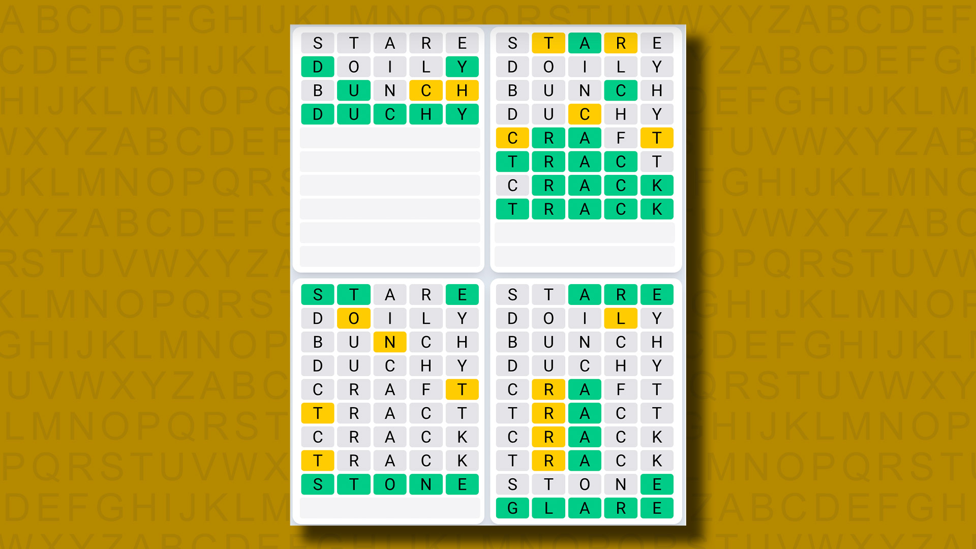 Quordle Daily Sequence answers for game 906 on a yellow background
