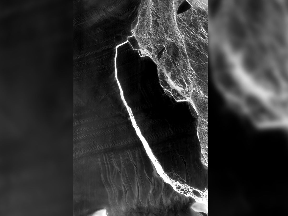 A sensor on the Landsat-8 satellite captured this composite thermal-infrared image of the A-68 iceberg (from images snapped on July 14 and July 21, 2017), shortly after it broke free of the ice shelf.