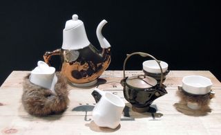 Tea set of odd shapes covered in fur
