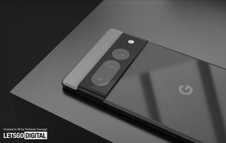 An unofficial render of the Google Pixel 7 Pro's back. The phone is colored in all black, and is on a black background