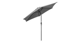 A grey garden parasol with tilt function