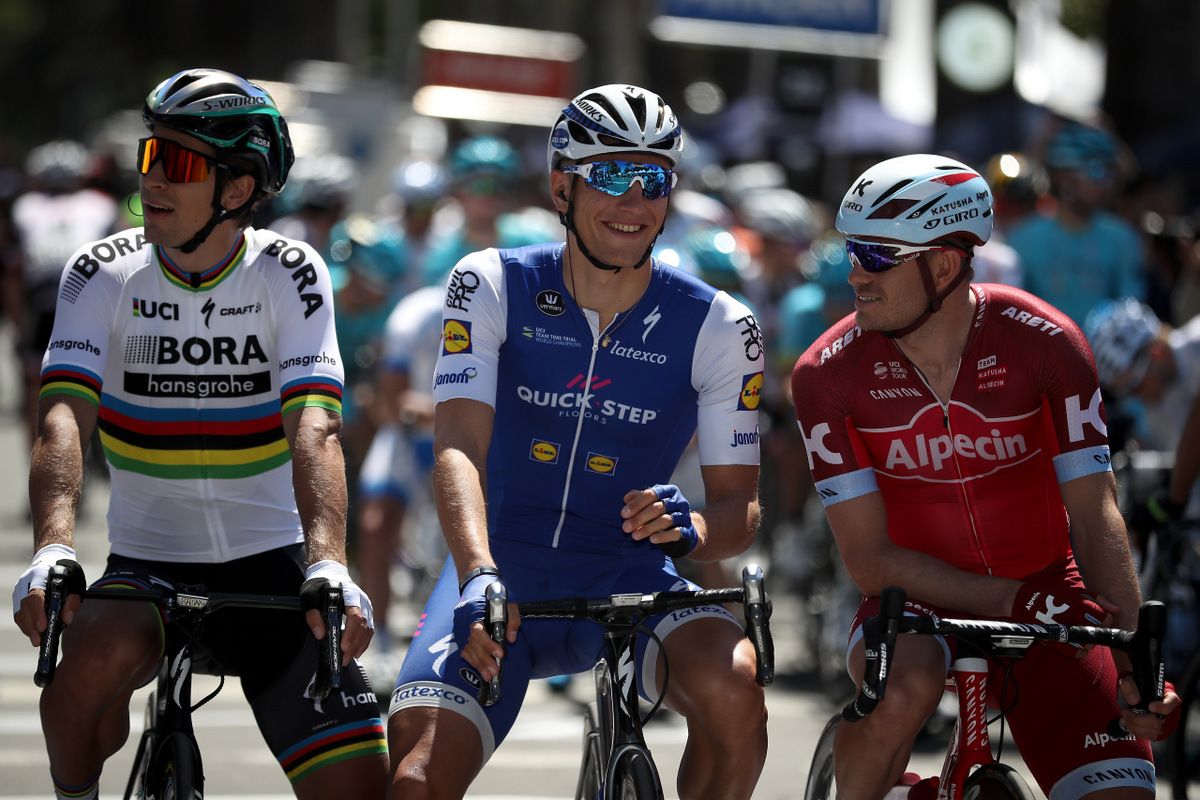 Peter Sagan, Marcel Kittel and Alexander Kristoff chat on the stage1 start line