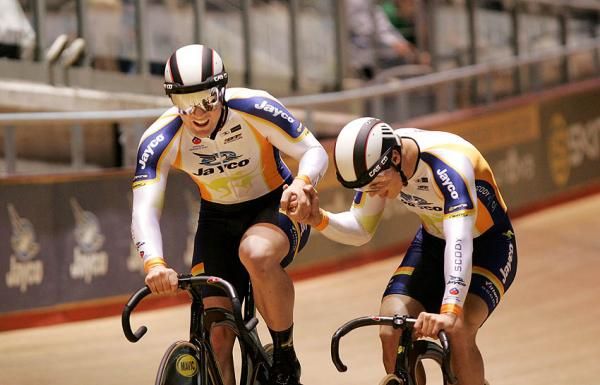 Team Jayco riders celebrate after winning the men's team sprint.