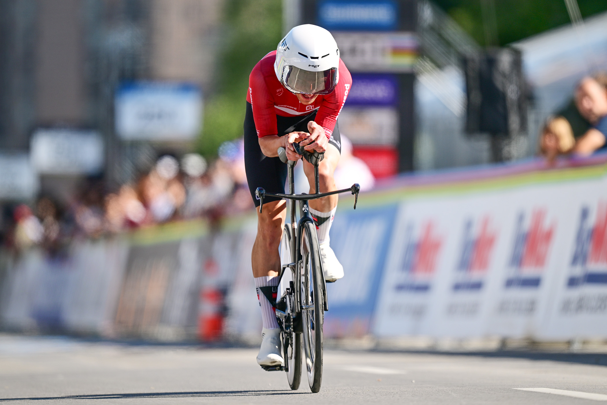 MONTREAL, QUEBEC - SEPTEMBER 20: Mikkel Norsgaard Bjerg and Team Denmark crosses the finish line during the 99th UCI Road World Championships Montreal 2026 - Men Elite Individual Time Trial a 39,2km race from Montreal to Montreal on September 20, 2026 in Montreal, Quebec. (Photo by Tim de Waele/Getty Images)