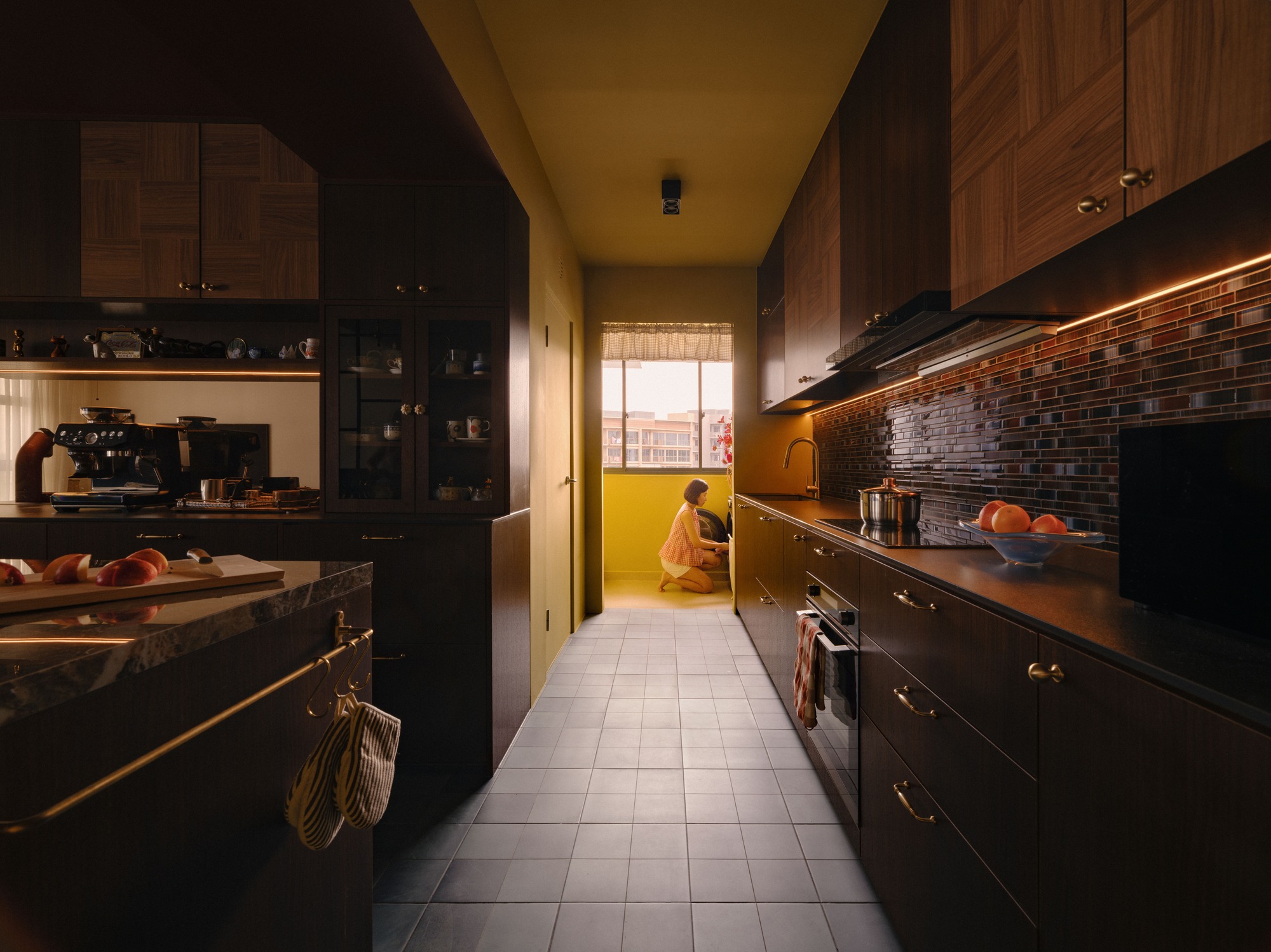 a galley kitchen with a tiled splashback and timber cabinetry