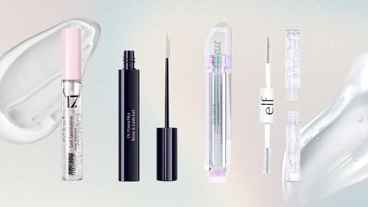 A collage of clear mascaras featured in this guide, from No.17, Dr Hauschka, Physicians Formula and e.l.f./ all featured on a pink, blue and yellow gradient template with clear, gel-like spills to represent the look of clear mascara 