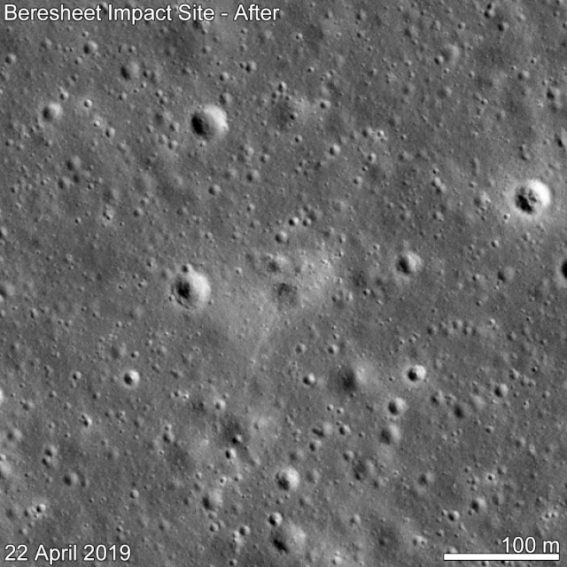 NASA's Lunar Reconnaissance Orbiter spotted the crash site of Israeli SpaceIL's crashed Beresheet lander, which suffered from an engine failure seconds before a violent collision with the moon's surface on 11 April 2019. Image: NASA/LRO