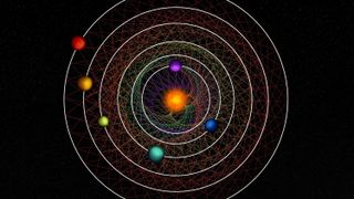 an orange star is orbited by six planets, each a different color. their orbits are outlined with white circles