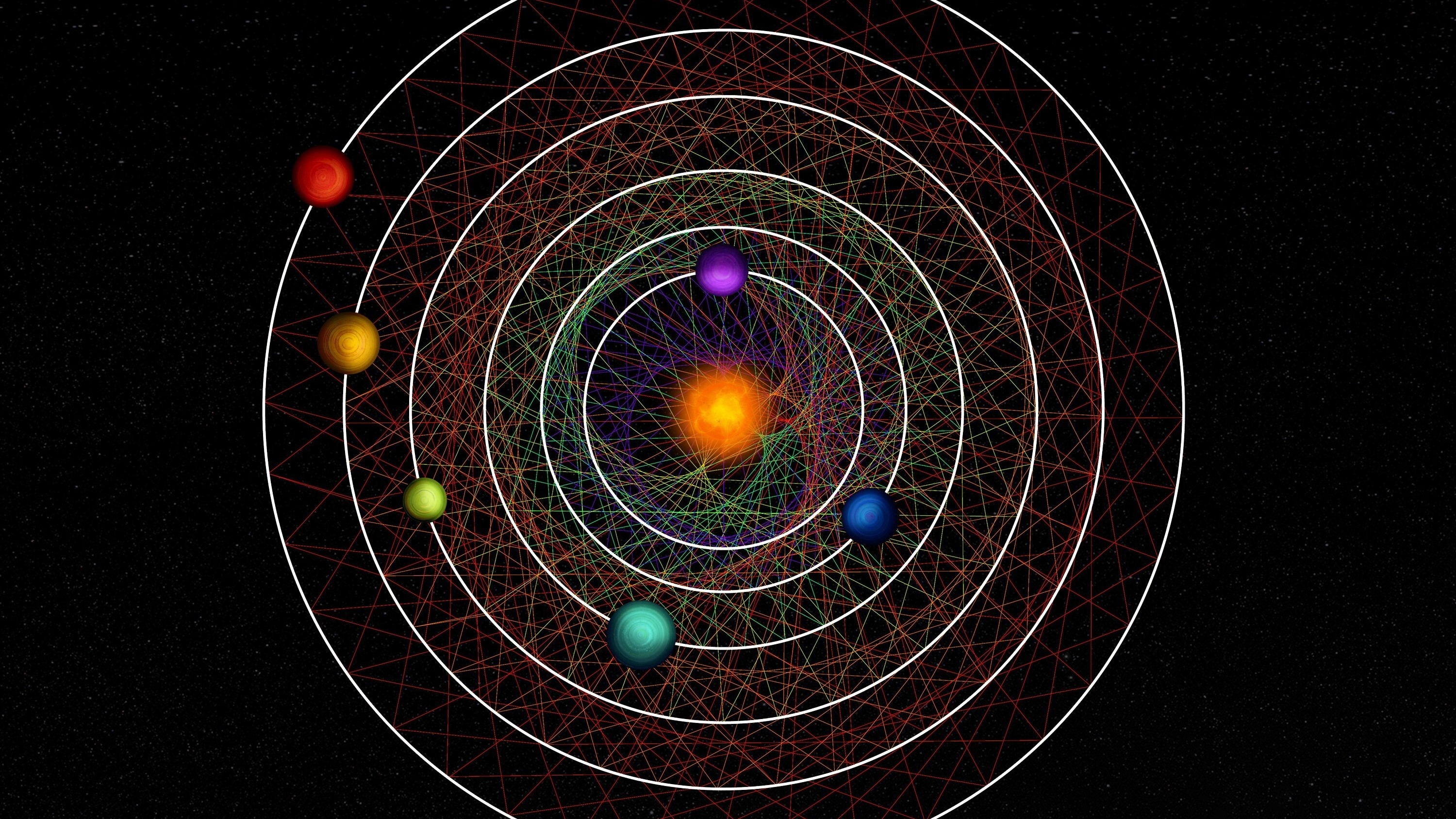 an orange star is orbited by six planets, each a different color. their orbits are outlined with white circles