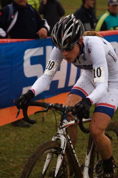 Katie Compton (Planet Bike) looking intensely focused in Nommay.