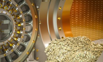 Gold bank vault open with millions of dollars spilling out