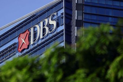 Signage atop the DBS Group Holdings Ltd. headquarters building in Singapore