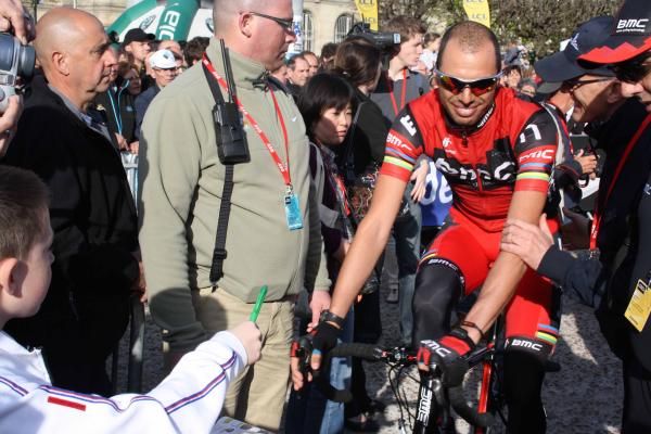 Alessandro Ballan (BMC) rides to the start of Paris-Roubaix.