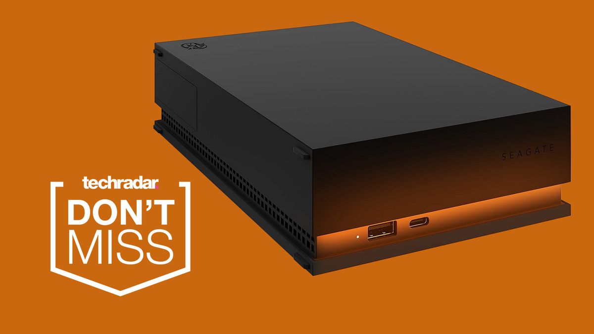 Seagate Firecuda Gaming Hub against an orange background, with a &#039;TechRadar Don&#039;t Miss&#039; badge.