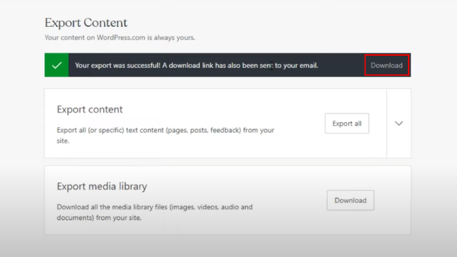 Screenshot of where to download for WordPress migration