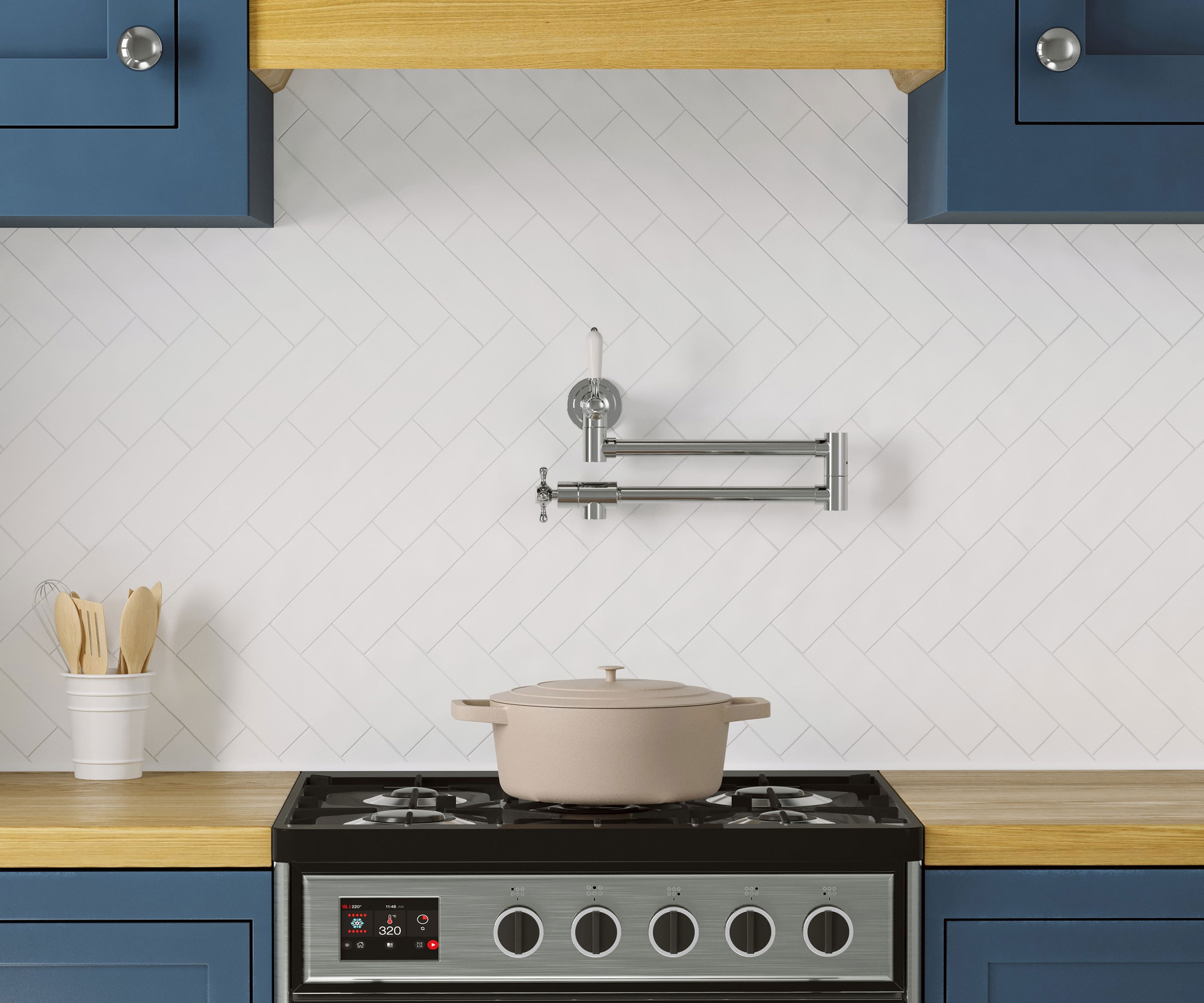modern chrome pot filler over gas hob in blue kitchen with wooden worktops