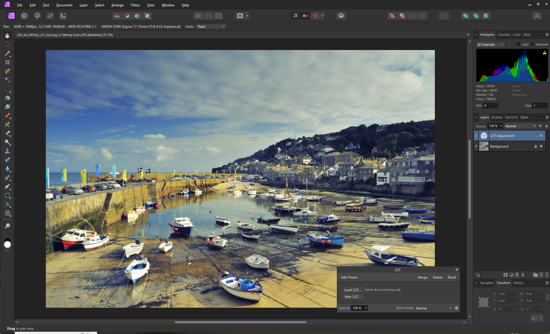 The LUT is now applied as an adjustment layer
