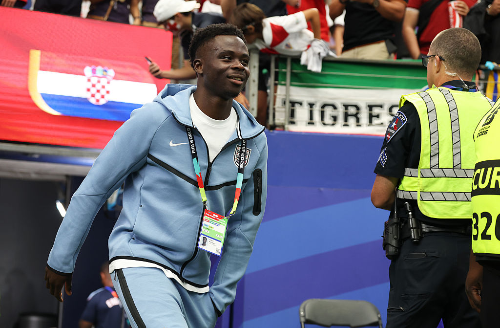 Bukayo Saka #7 of England inspects the pitch before the FIFA World Cup 2026 Group L match between England and Croatia at Dallas Stadium on June 17, 2026 in Arlington, Texas.