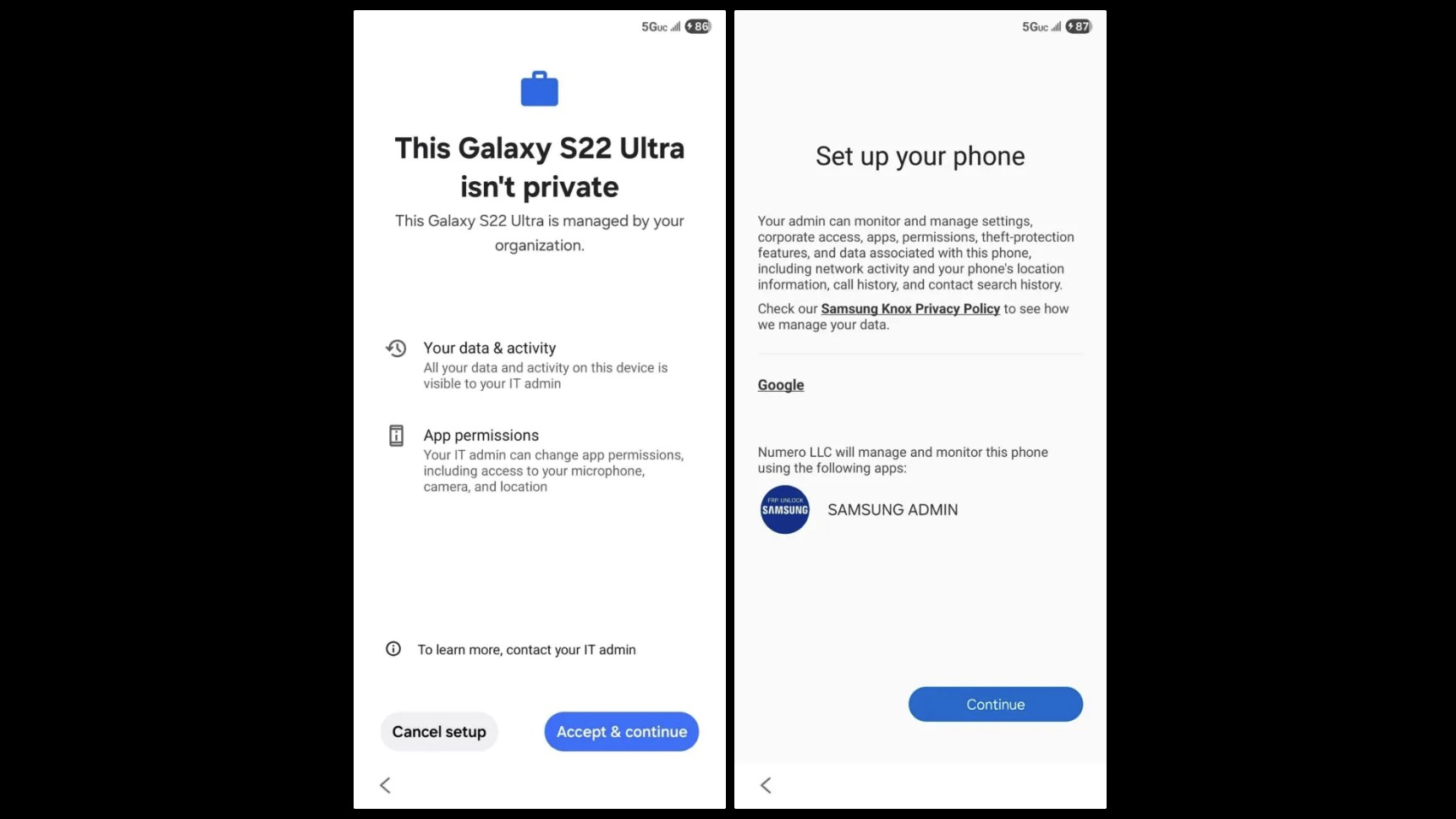 Screenshots showing a hijacked Samsung Galaxy S22 Ultra