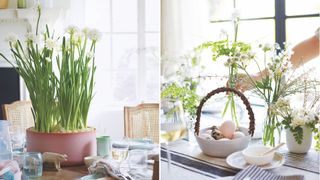 A composite image of two easter table decor ideas using fresh flowers