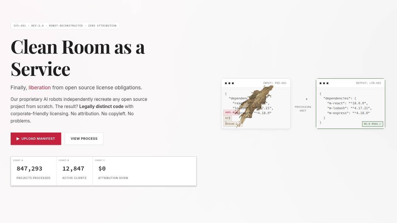 A screenshot of the homepage for Malus, an AI clean-room design software copying service.